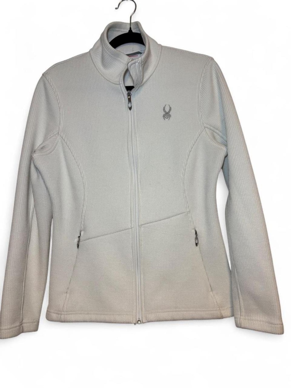 Spyder Full Zip Jacket White Ribbed Knit Snowboard Zip-Up Sweater | L | EUC